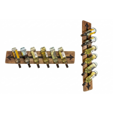 Wood mounted iron six bottle wall wine rack