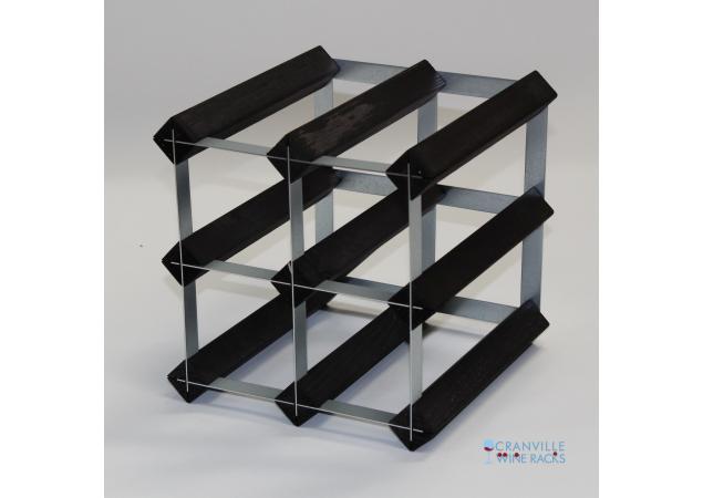 Classic 6 bottle black stained wood and galvanised metal wine rack ready assembled image