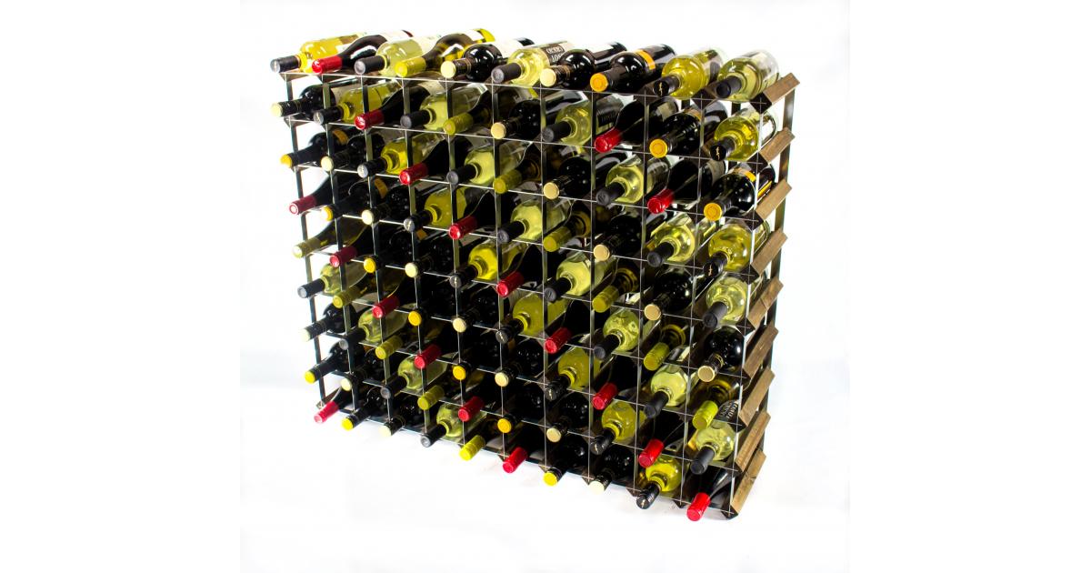 Classic 90 Bottle Walnut Stained Wood and galvanised Metal Wine Rack Ready Assembled 