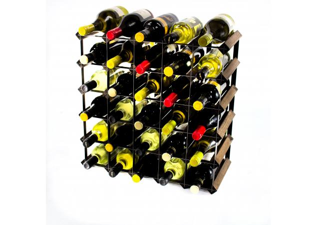 Classic 30 bottle dark oak stained wood and black metal wine rack ready assembled image
