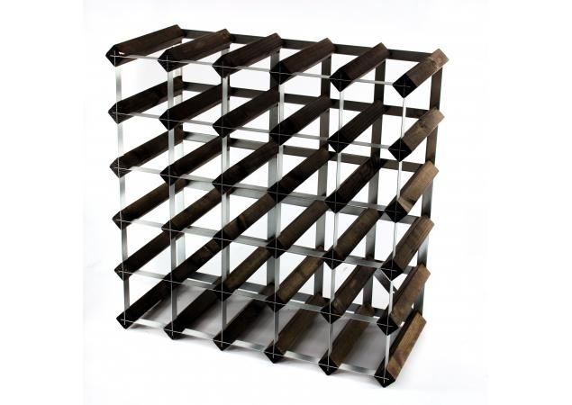 Classic 30 bottle dark oak stained wood and galvanised metal wine rack self assembly image