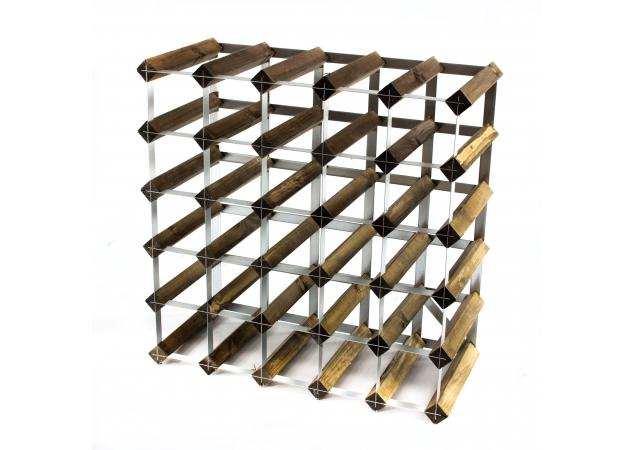 Classic 30 bottle walnut stained wood and galvanised metal wine rack ready assembled image