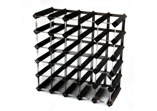 Classic 30 bottle black stained wood and galvanised metal wine rack ready assembled image