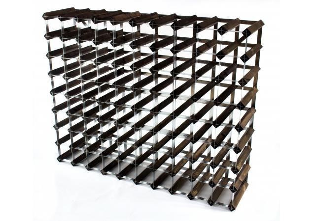 Classic 90 bottle dark oak stained wood and galvanised metal wine rack self assembly image