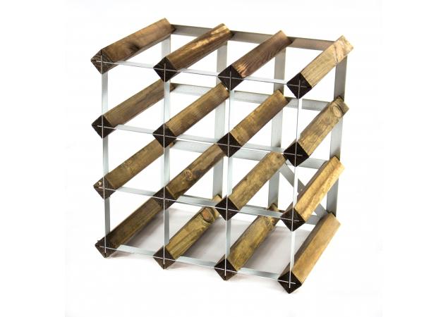 Classic 12 bottle walnut stained wood and galvanised metal wine rack ready assembled image