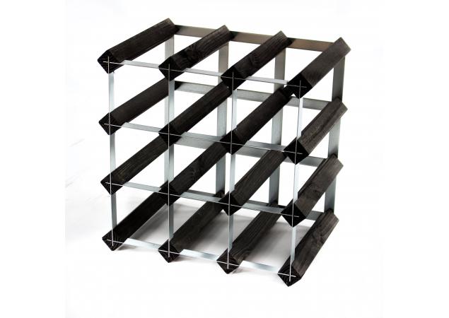 Classic 12 bottle black stained wood and galvanised metal wine rack ready assembled image