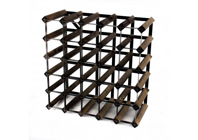 Classic 30 bottle dark oak stained wood and black metal wine rack ready assembled image