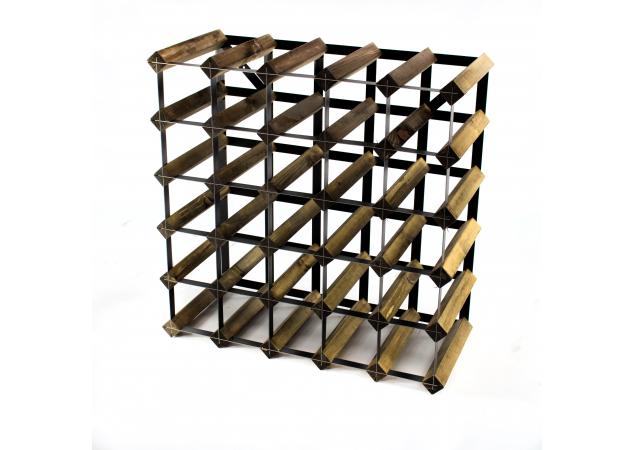 Classic 30 bottle walnut stained wood and black metal wine rack ready assembled image