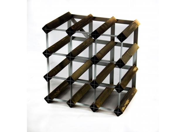 Classic 12 bottle dark oak stained wood and galvanised metal wine rack self assembley image