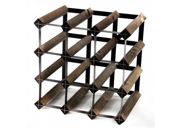 Classic 12 bottle dark oak stained wood and black metal wine rack ready assembled image
