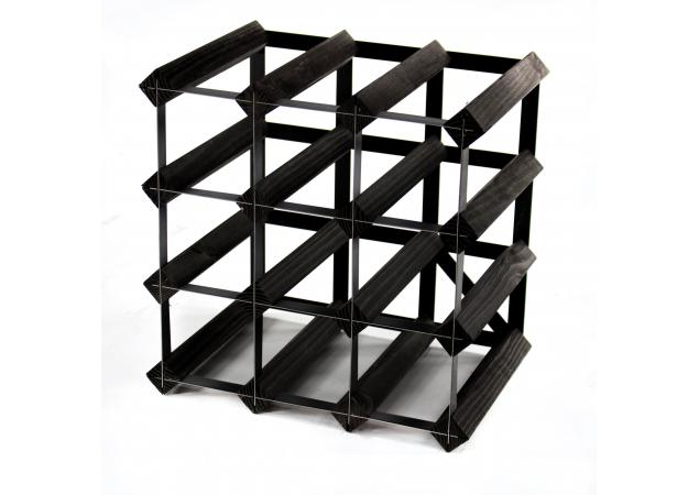 Classic 12 bottle black stained wood and black metal wine rack ready assembled image