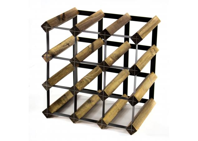Classic 12 bottle walnut stained wood and black metal wine rack ready assembled image